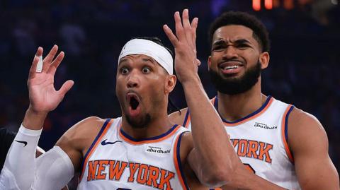 The New York Knicks' Josh Hart and Karl-Anthony Towns