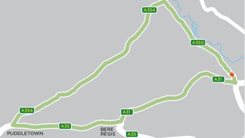 A graphic of the roads and the section of the A350 where the works will take place is marked orange and the diversion is marked green taking you down the A354, A35 and A31.