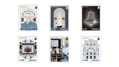 A set of six stamps showing various illustrations of Jersey's Opera House. The first features a man with a pipe, the second is a woman behind stage curtains, the third is a chandelier, the fourth is a stage with a pianist, the fifth is a theatre with a horse and two men and the sixth is a drawing of the opera house exterior. 