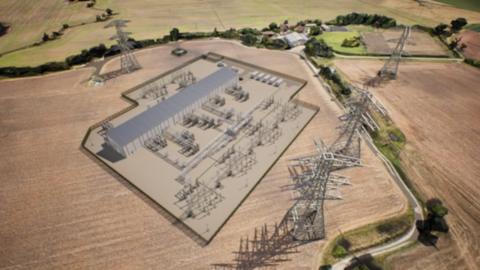 Artist impression of the site at Birkhill Wood it shows a number pylons linked to a large building