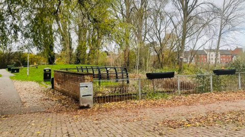 A leaf covered pavement in front of railings and a bridge. Behind there is open land and a number of large trees, with buildings in the distance