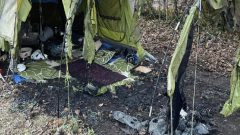 A burned out tent in Tyne Green