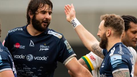 Sale Sharks celebrate a try against London Irish