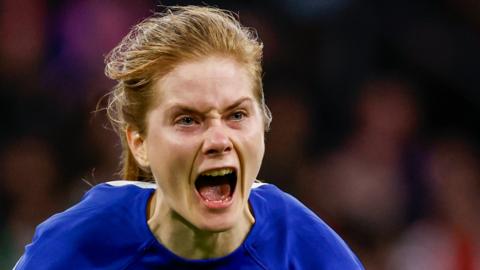 Chelsea's Sjoeke Nusken celebrates scoring against Ajax in the Women's Champions League quarter-final first leg