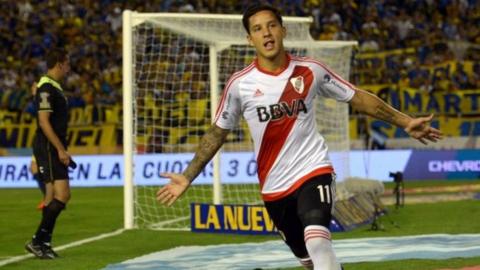 River Plate's forward Sebastian Driussi celebrates after scoring a goal, by penalty kick, against Boca Juniors, friendly 28 Jan 2017