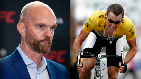 Split picture of Jeff Novitzky and Lance Armstrong