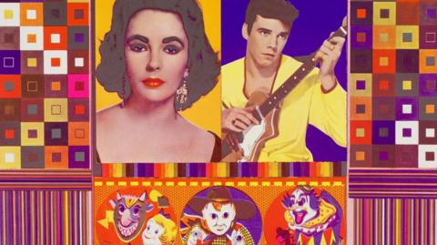 A close-up of a colourful piece of pop art featuring images of Elizabeth Taylor and Elvis Presley, as well as stylised clowns, a cowboy, and patterns of coloured blocks and stripes.