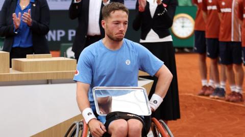 Alfie Hewett looks dejected following his loss in the French Open men's singles final at Roland Garros