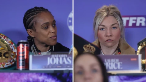 Split image of Natasha Jonas smiling as she looks to the side and Lauren Price looking bored