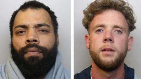 Junior Renford and James McGuinness both look into the camera for their police custody images. Renford has a thick black beard and wears what appears to be a light blue hoodie. McGuinness has a slightly ginger beard.