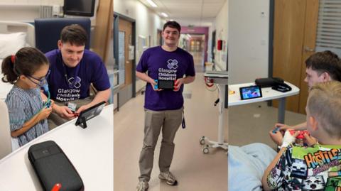 Three images of children playing games with the Glasgow Children's Hospital Gamer-in-residence. 