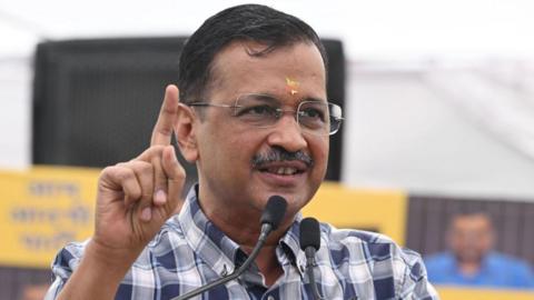 Arvind Kejriwal, leader of the Aam Aadmi Party (AAP) and chief minister of Delhi, speaks at a news conference in New Delhi, India, on Saturday, May 11, 2024. India's Supreme Court has granted interim bail Kejriwal until the end of the ongoing elections, allowing a key leader in the opposition alliance to campaign against Prime Minister Narendra Modi's Bharatiya Janata Party.