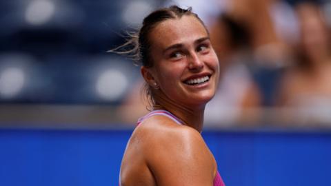 Aryna Sabalenka smiles after beating Lucia Bronzetti in second round of the 2024 US Open
