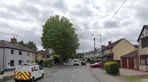 A residential street with houses on either side and a number of large trees 