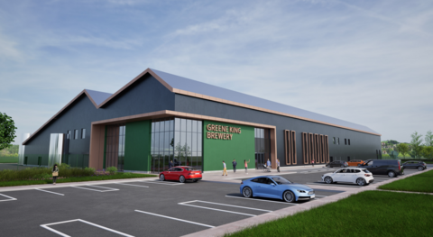 An artist's impression of what the new Greene King brewery could look like. It shows a large building with 'Greene King Brewery' written on its front. A car park is outside the building with several vehicles parked up.