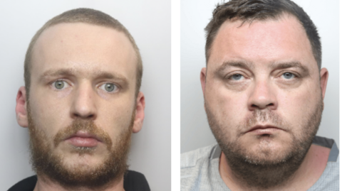 Two mugshots of Dudley Brennan on the left and Peter Weston on the right. Brennan has light hair which is shaved close to his head and has a serious look on his face. He has a light brown beard. Weston has brown short hair and stubble.