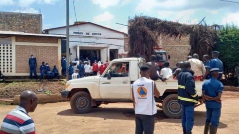 People evacuated from a prison in Burundi after a fire