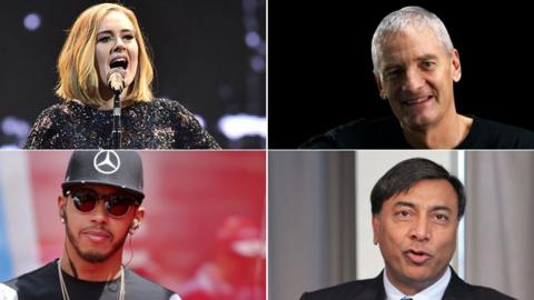 From top left clockwise - Adele, Sir James Dyson, Lewis Hamilton and Lakshmi Mittal