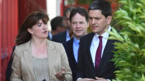 David Miliband, Nick Clegg and Nicky Morgan speaking in Essex