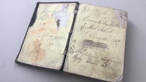 An 1859 bible which belonged to a young pupil at Enniskillen Workhouse Male School