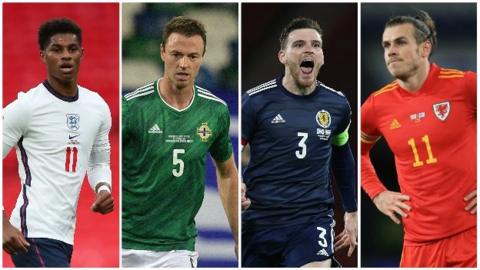 England's Marcus Rashford, Northern Ireland's Jonny Evans, Scotland's Andy Robertson and Wales' Gareth Bale