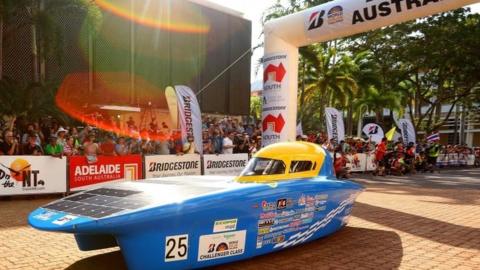 NITech Solar Racing vehicle Horizon 17" from Japan leaving the start line in Darwin, Australia. Photo: 8 October 2017