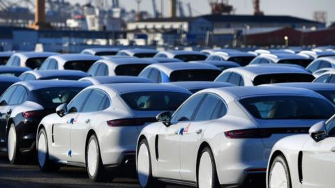 German cars ready for export at Bremerhaven port in March 2018