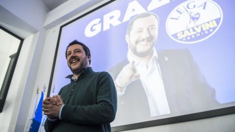 Matteo Salvini, leader of the League, gives a press conference after a meeting with newly elected parliamentarians, on March 9 2018 in Milan