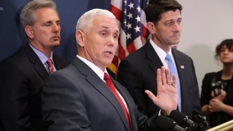 Vice President-elect Mike Pence (2nd L) joins House Majority Leader Kevin McCarthy (L) and Speaker of the House Paul Ryan (R)