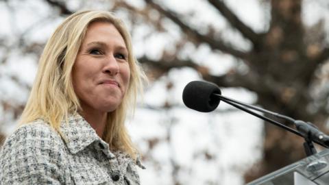 Marjorie Taylor Greene speaks during an event held by Moms for America in Washington 5 January