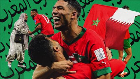Morocco players celebrate their win over Portugal at the World Cup