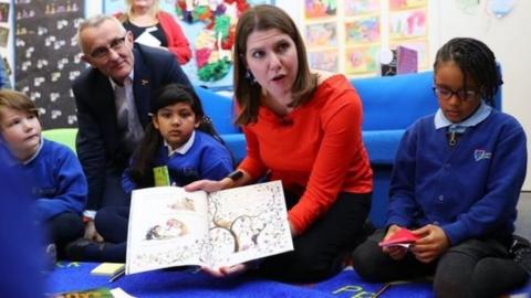 Jo Swinson with pupils at Trumpington Park Primary School in Cambridge