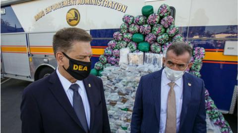 Drug Enforcement Administration acting Administrator Timothy J. Shea, left, and Bill Bodner, DEA Special Agent in Charge for the Los Angeles Field Division, at a news conference on Wednesday 14 October 2020