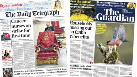 Front pages of the Daily Telegraph and the Guardian