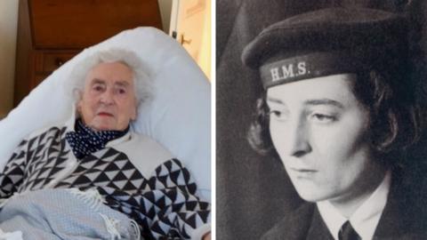 June Wrobel in her room earlier this year, and when she was a Leading Wren with WRNS at Bletchley Park