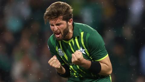 Pakistan bowler Shaheen Shah Afridi celebrates taking a wicket