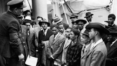 Jamaican immigrants welcomed by RAF officials at Tilbury Docks, Essex