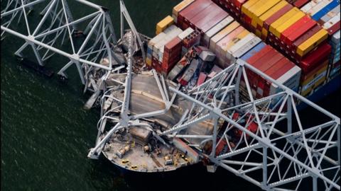 Dali container ship after striking the Francis Scott Key Bridge in Baltimore, Maryland