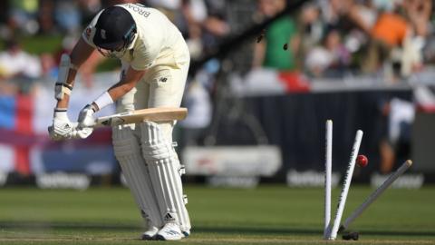 England's Stuart Broad is bowled by South Africa's Kagiso Rabada on day one of the second Test in Cape Town