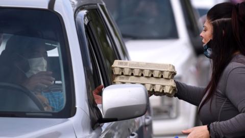 A volunteer gives eggs and milk to laid off Walt Disney World cast members and others at a food distribution event in Florida, 12 December 2020