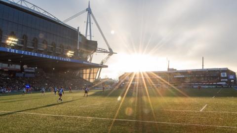 The sun sets on Cardiff Arms Park during a Cardiff game