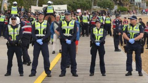Police form a line at recent protests by far-right and anti-far right groups in Melbourne
