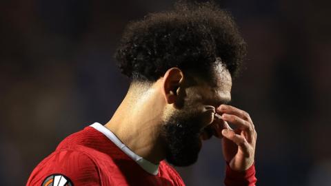 Liverpool's Mohamed Salah reacts during their Europa League quarter-final second leg against Atalanta