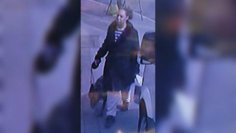 A CCTV image showing a woman walking a dog