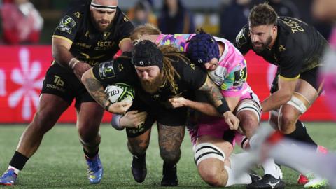 Harry Williams of Montpellier Herault Rugby drives forward during the EPCR Challenge Cup match against Newcastle