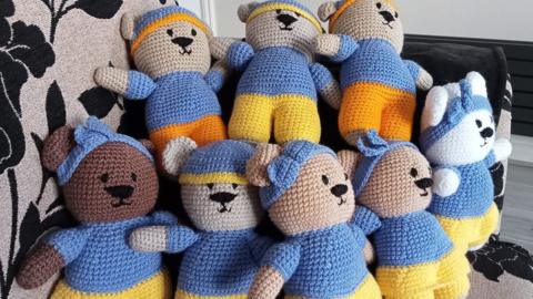 A group of knitted bears