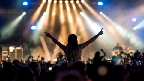 Fans watching a band at Download