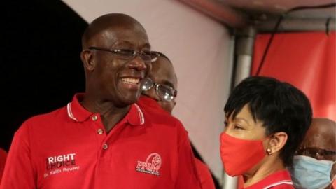 Trinidad and Tobago Prime Minister Keith Rowley reacts while claiming victory for his ruling party in a general election, in Port of Spain, Trinidad and Tobago, August 10, 2020.