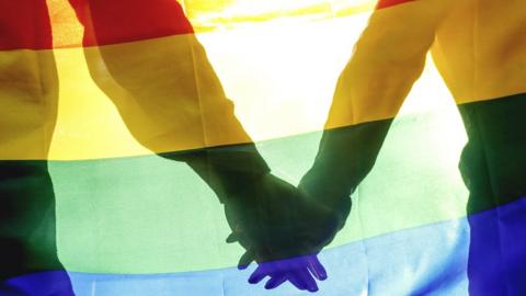 Two people hold hands behind a rainbow flag