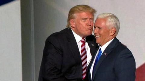 Donald Trump gives vice-presidential pick Mike Pence an air kiss - 20 July 2016